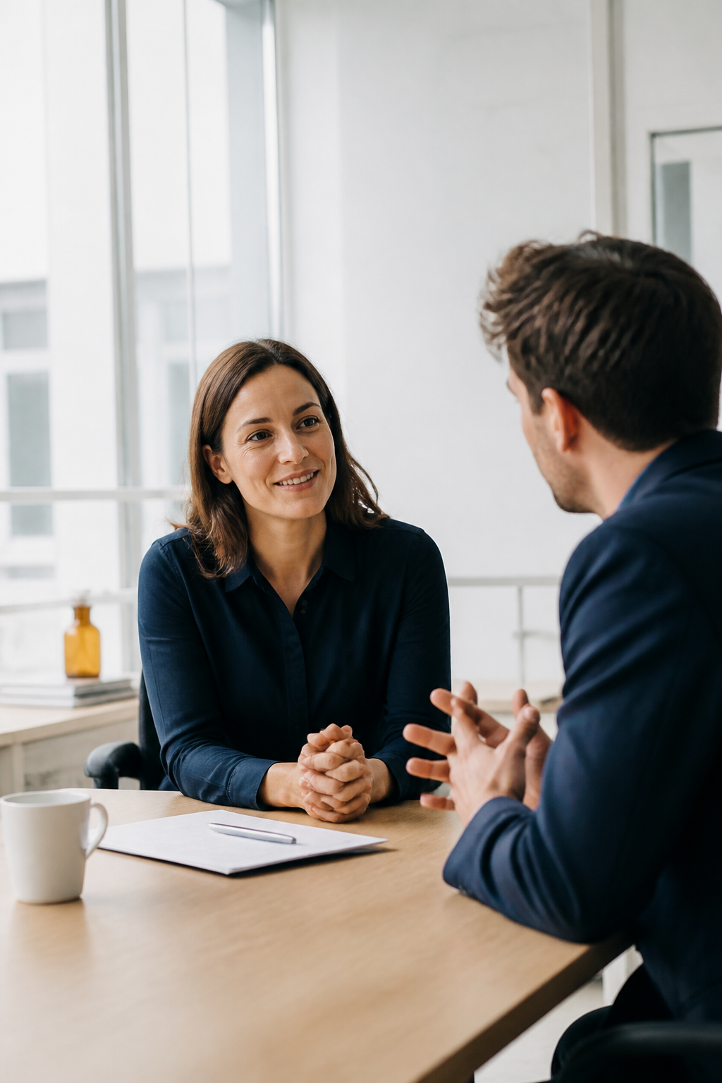 Scène illustrative : une candidate échange avec un consultant en recrutement.