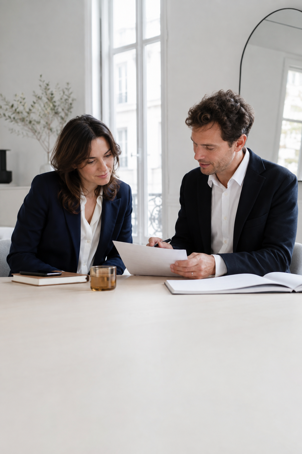 Deux consultants échangent autour d’un dossier dans un bureau lumineux.