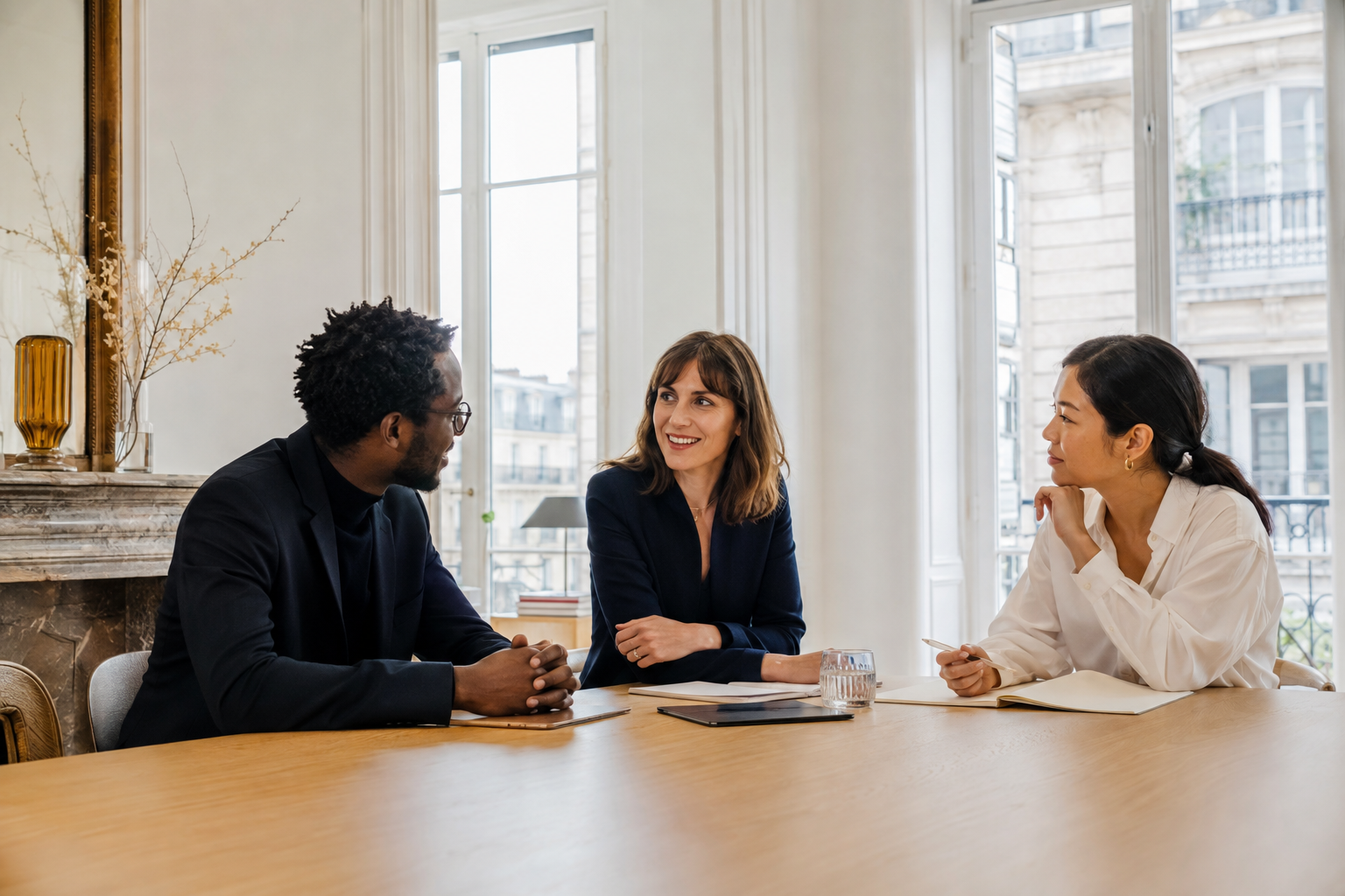 Scène illustrative : trois professionnels échangent dans un bureau lumineux.